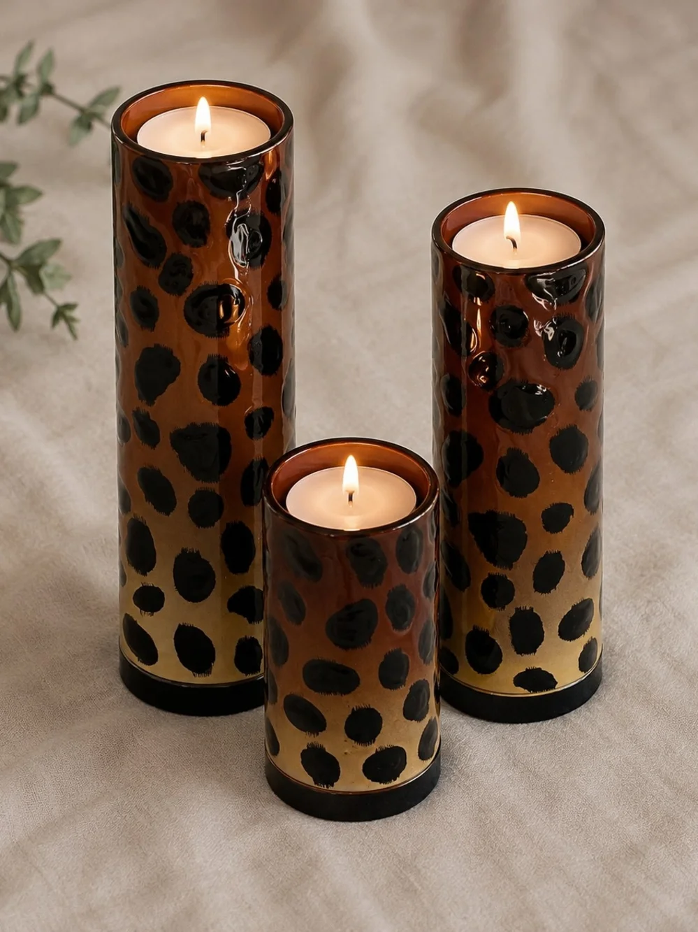 #6026 Retired Gold Canyon Leopard Glass Pillar Candle Holders